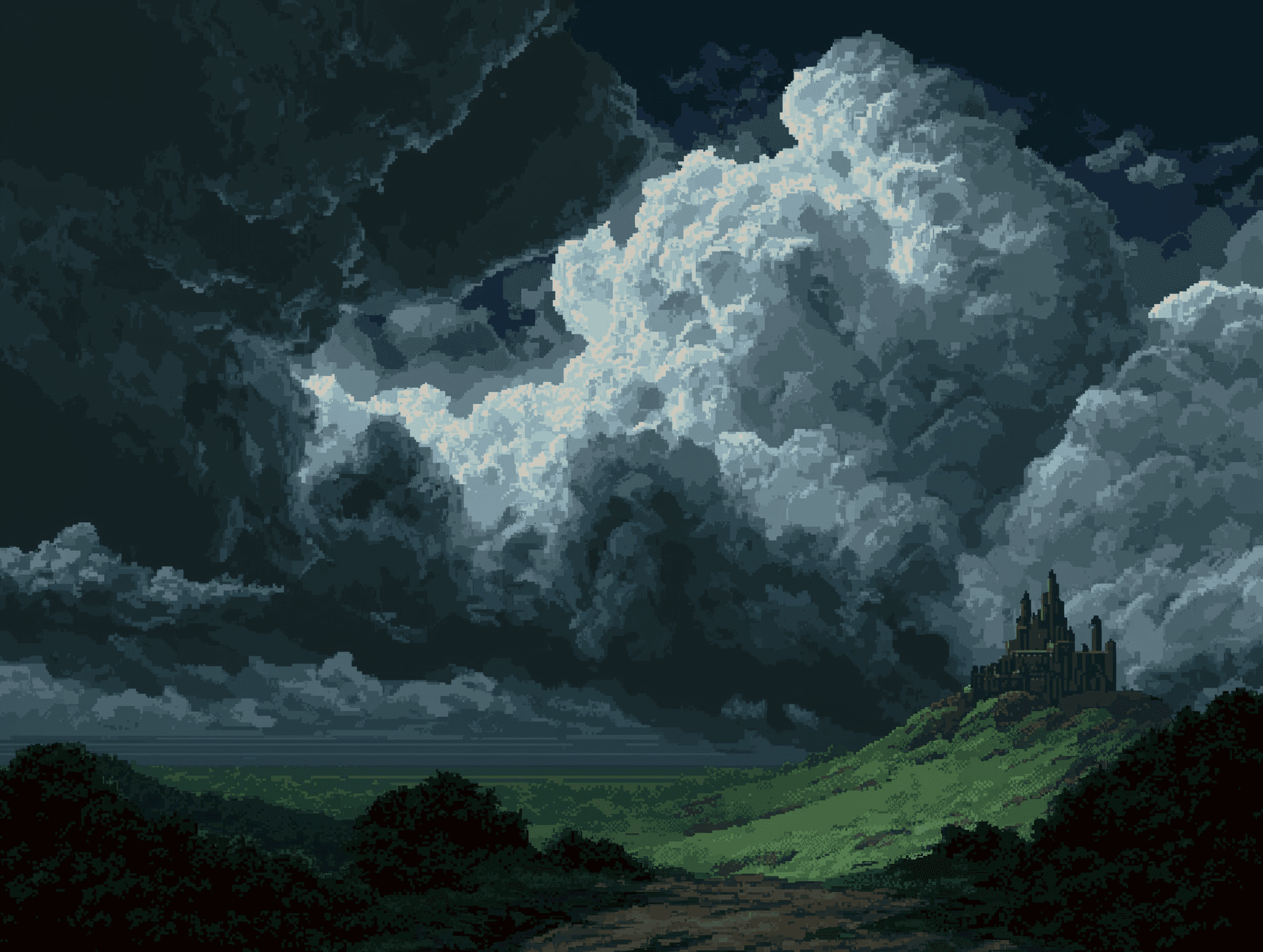 Pixel-art castle on a hill under storm clouds